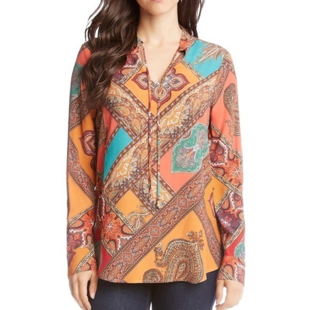 Karen Kane Paisley Print Split Neck Ling Sleeved Blouse